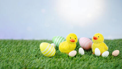Easter background. Two yellow ducklings with eggs on grass with blue background and sun flare