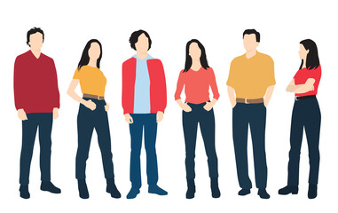 Obraz premium Set of young men and women, different colors, cartoon character, group of silhouettes of standing business people, students, the design concept of flat icon, isolated on white background