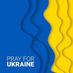 Vector banner with paper cut illustration, typography design element for decoration, prints and posters. Pray for Ukraine with Ukrainian flag. No war, stop war concept.