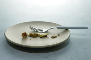 Plate with bread crumbs. Fork beside.