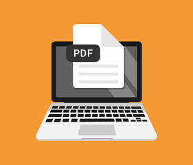 Icon of computer with download pdf document, file format for web. Design of symbol, sign of flat laptop. Vector illustration of button with page sheet, paper type for app, internet technologies. EPS