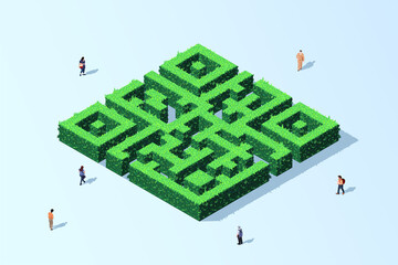 sometric vector. Qr code in the form of a hedge maze in 3d. The concept of a new reality in life and business. Look for sales ideas during the coronavirus pandemic. People against vaccination 
