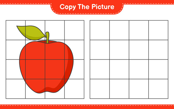 Copy the picture, copy the picture of Apple using grid lines. Educational children game, printable worksheet, vector illustration