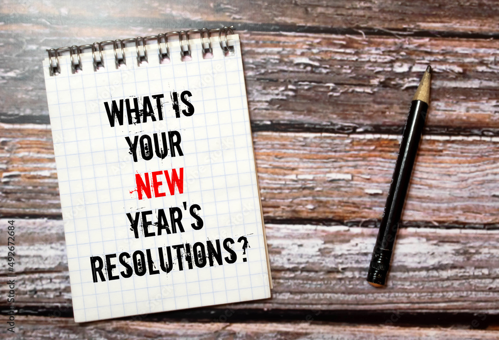 Poster top view of office desk and notepad with text - what is your new year's resolutions