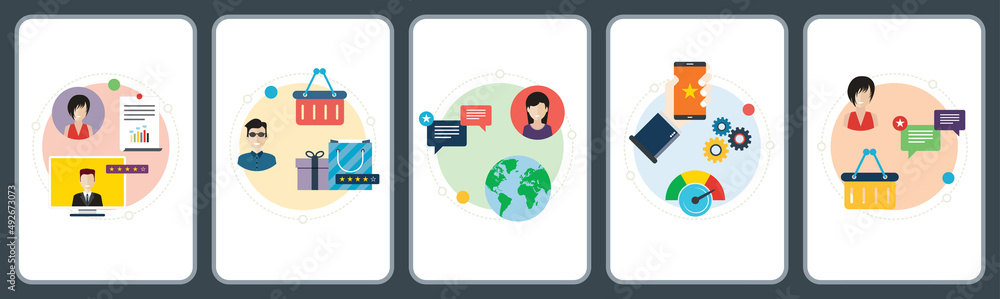 Poster concepts of evaluation internet support, consumer experience, customer service and performance analy
