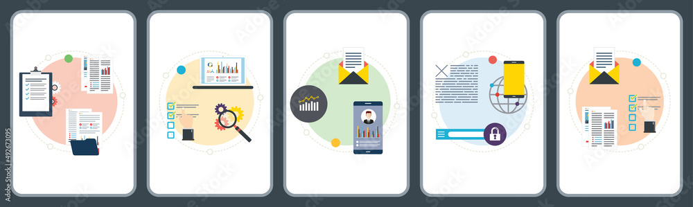 Poster concepts of data management, application analysis, smartphone data and search engine app. flat desig