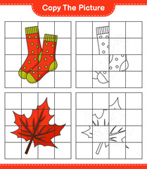 Copy the picture, copy the picture of Socks and Maple Leaf using grid lines. Educational children game, printable worksheet, vector illustration