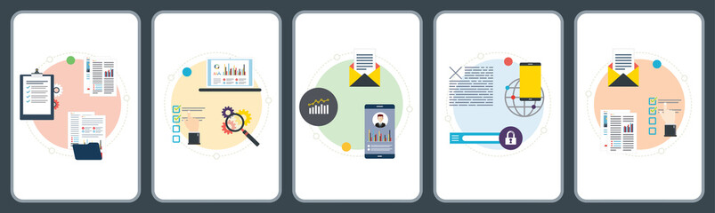 Concepts of data management, application analysis, smartphone data and search engine app. Flat design icons in vector illustration.