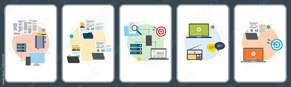 Poster connection, backup, report, sharing, communication and computer icons. concepts of file connection, 