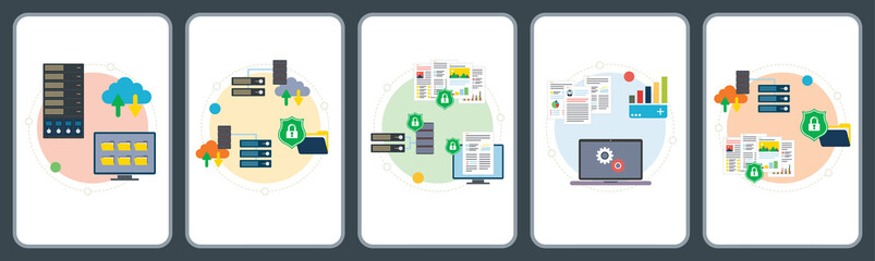 Mainframe, computer, cloud storage, big data, security and protection icons.