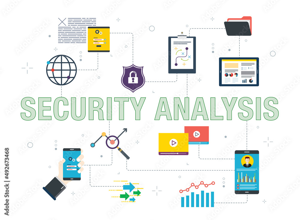 Poster security, analysis, project, management, performance and development icons. concepts of security ana
