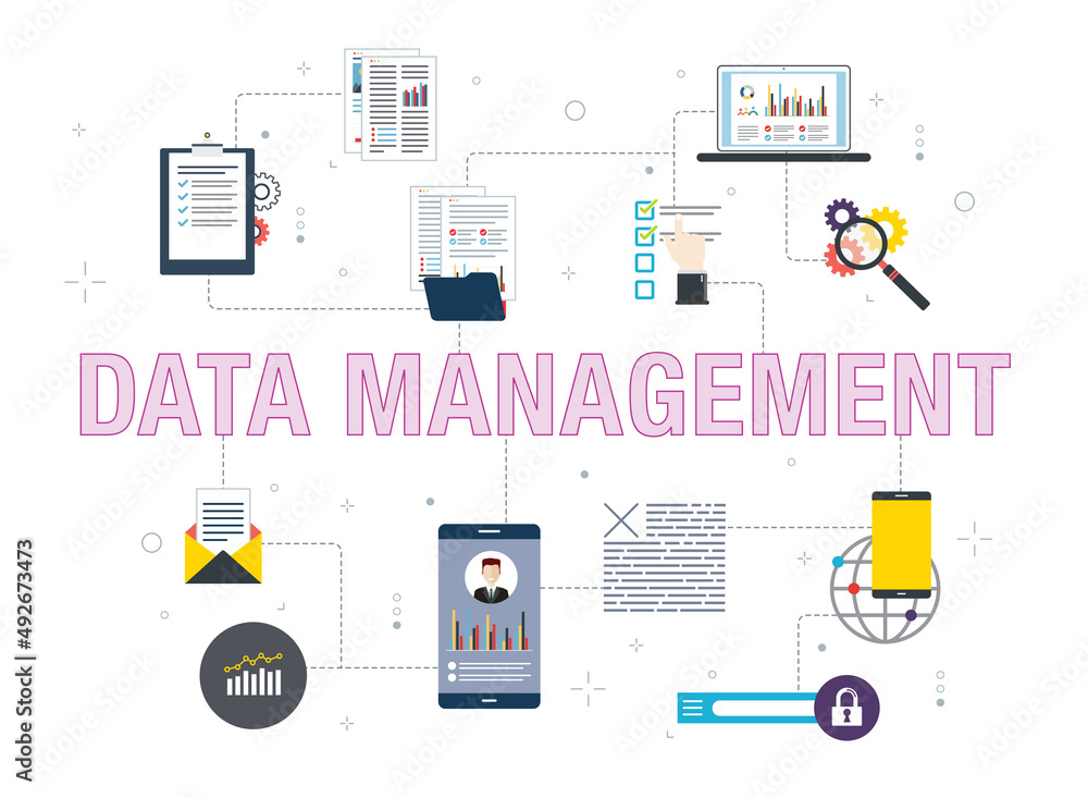 Poster data, management, business, report, application and analysis icons. concepts of data management, app