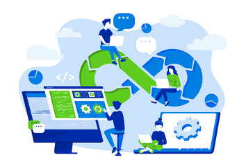 DevOps developers work with computers scene. DevOps engineers web design with people. Development operations composition in flat style. Vector illustration for social media promotional materials.