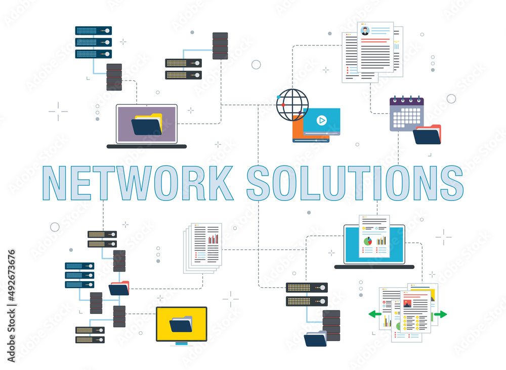 Poster network, computer, storage and file transfer icons. concepts of network solutions, computer files, s