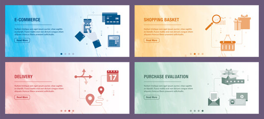 E-commerce, business, shopping basket, delivery and evalualition icons. Concepts of with e-commerce, shopping basket, delivery and purchase evalualition. 