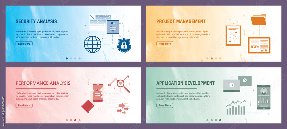Poster security, analysis, project, management, performance and development icons. concepts of security ana