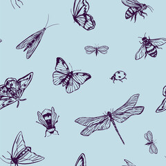 Flying insects vector seamless pattern. Hand drawn illustration of bugs, butterflies, dragonfly, moth, ladybug, bees. Retro style ornament for design background, decor, wallpaper.