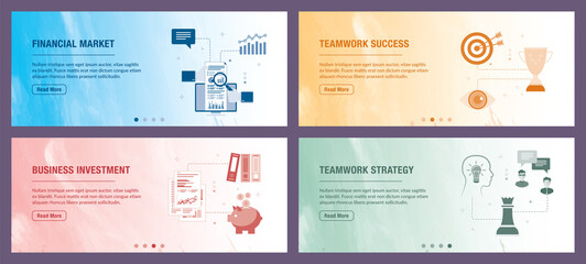 Business, investment, teamwork, success, strategy and financial icons. Concepts of financial market, teamwork success, business investment and teamwork strategy. 