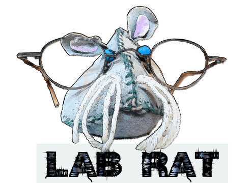 Laborratte mit gro&szlig;en Brillengl&auml;sern und Schnurrbarthaaren und dem Schriftzug "LAB RAT".Design f&uuml;r Wissenschaftler und Experimentatoren, die gerne im Labor arbeiten und forschen. Laboratory Guinea Pig