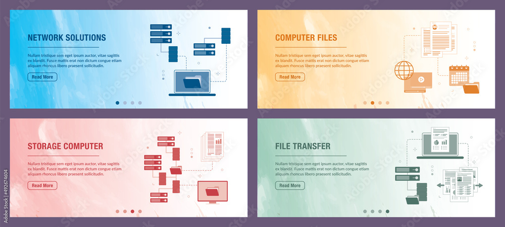 Poster network, computer, storage and file transfer icons. concepts of network solutions, computer files, s