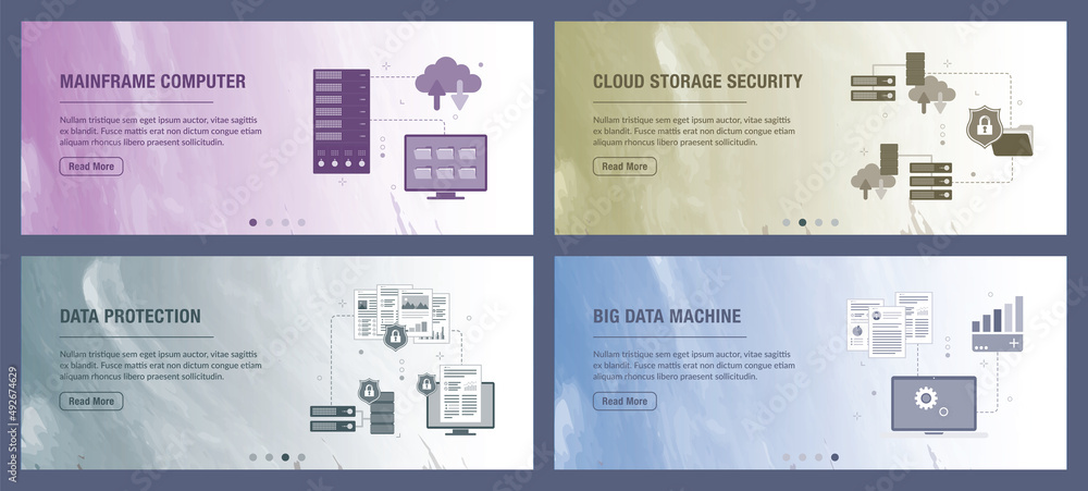 Poster mainframe, computer, cloud storage, big data, security and protection icons. concepts of mainframe c