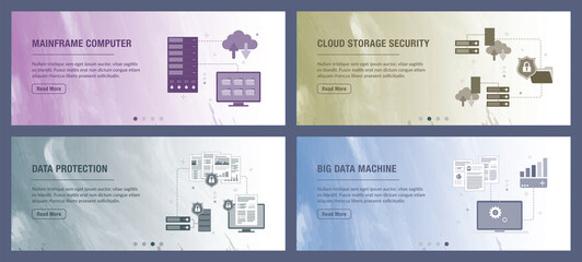 Mainframe, computer, cloud storage, big data, security and protection icons. Concepts of mainframe computer, cloud storage security,  data protection, big data machine.  - obrazy, fototapety, plakaty