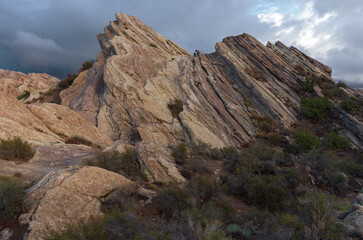 This image shows leyered rock formations at Vaszquez Rocks Natural Area in Agua Dulce, California. These land features have long been used as a backdrop for many movies and commercials.