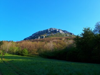 Scenic bottom up view of Nanos mountain in Primorska region of Slovenia in spring with leaves starting to sprout