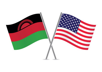 Malawi and America crossed flags. Malawian and American flags, isolated on white background. Vector icon set. Vector illustration.