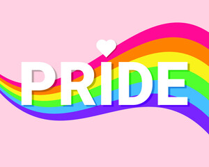 Waves of LGBT colours on pink background and Pride text. Vector illustration.