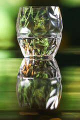 Empty cocktail drink glass on blur green background