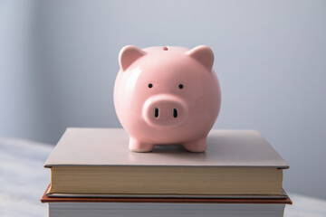Stack of books with piggy bank.