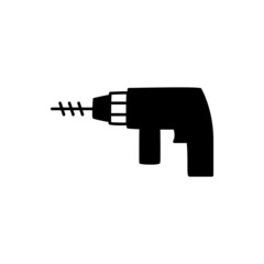 Construction Drill icon in black flat glyph, filled style isolated on white background