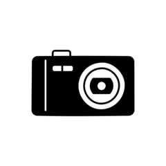 Pocket camera, Compact camera icon in black flat glyph, filled style isolated on white background