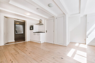 The interior of an elite room with a small kitchen area in daylight