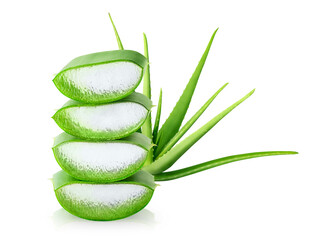 Slices of Aloe vera plant isolated over white background. Natural ingredient for herbal beauty...