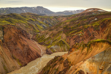 The volcanic valleys and mountains of Landmannalaugar seen from near the summit of Bláhnjúkur volcano, Fjallabak Nature Reserve, Iceland
