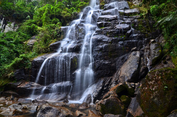 Véu da Noiva (Bridal Veil) waterfall surrounded by the lush subtropical montane rainforest of the lower sector of Itatiaia National Park, Itatiaia, Rio de Janeiro, Brazil