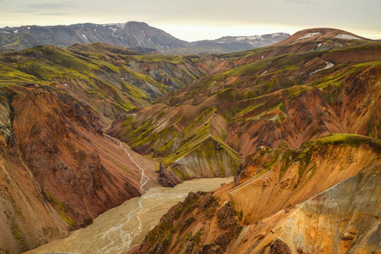 The volcanic valleys and mountains of Landmannalaugar seen from near the summit of Bláhnjúkur volcano, Fjallabak Nature Reserve, Iceland © Pedro