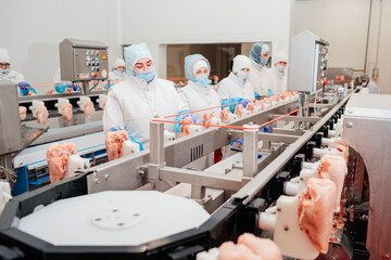 Chicken fillet production line . Factory for the production of food from meat.Modern poultry processing plant.Conveyor Belt Food.The meat factory.