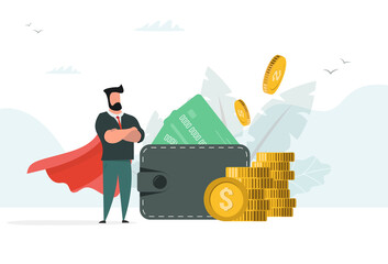 Successful businessman superhero near money purse with money. Vector illustration in modern cartoon style