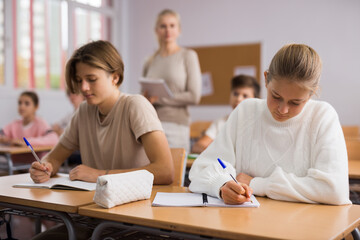 Obraz premium School lesson - students write down assignments while sitting at their desks