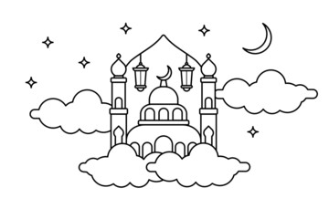 Islamic Illustration of Ramadan, Eid al Adha, Eid Mubarak, mawlid, Isra and Mi'raj, suitable for children to color