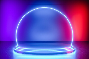 3D Illustration. Empty podium illuminated with neon glowing lights. Futuristic background