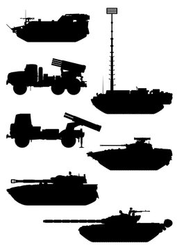 Artillery silhouette vector icons set. Multiple launch rocket system and electronic warfare complex. MLRS. Vector EPS10.