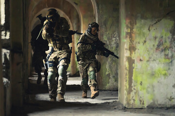 Fototapeta premium Sly squad troops sneaking into domicile building. High quality photo