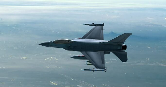 Advanced Fighter Jet Flying Over The Industrial City. Accelerates And Disappears. War And Air Force Related 4K Motion.