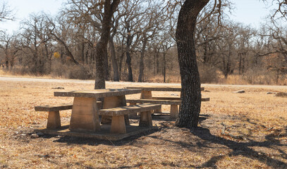 Concrete table and seats in he park.