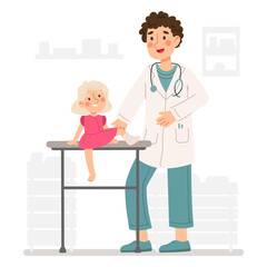 Obraz premium Kid with a broken leg in the trauma doctor's office.Person with plaster cast on broken leg. Health, medicine & traumatology. Flat vector illustration