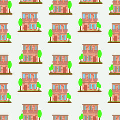 Beautiful cute brick houses. Seamless pattern with houses in pastel shades